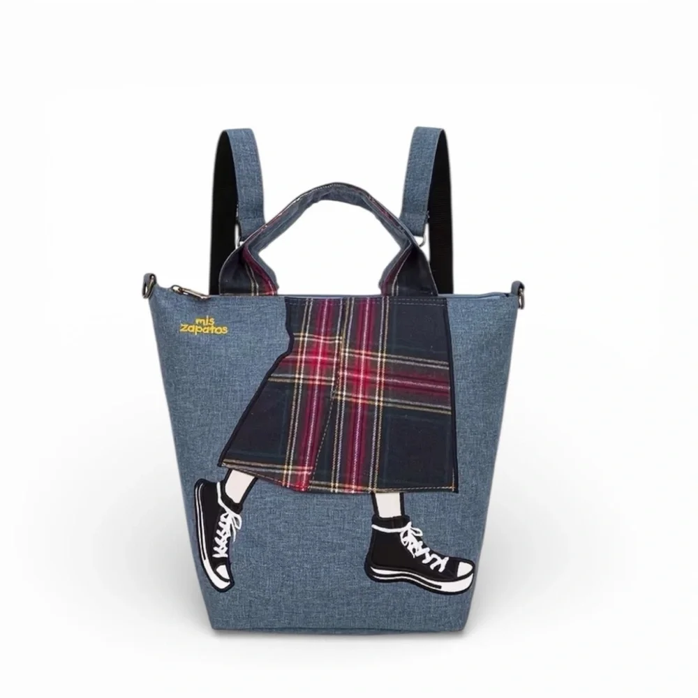 Mis Zapatos Denim Blue Backpack with Plaid Accents NWT